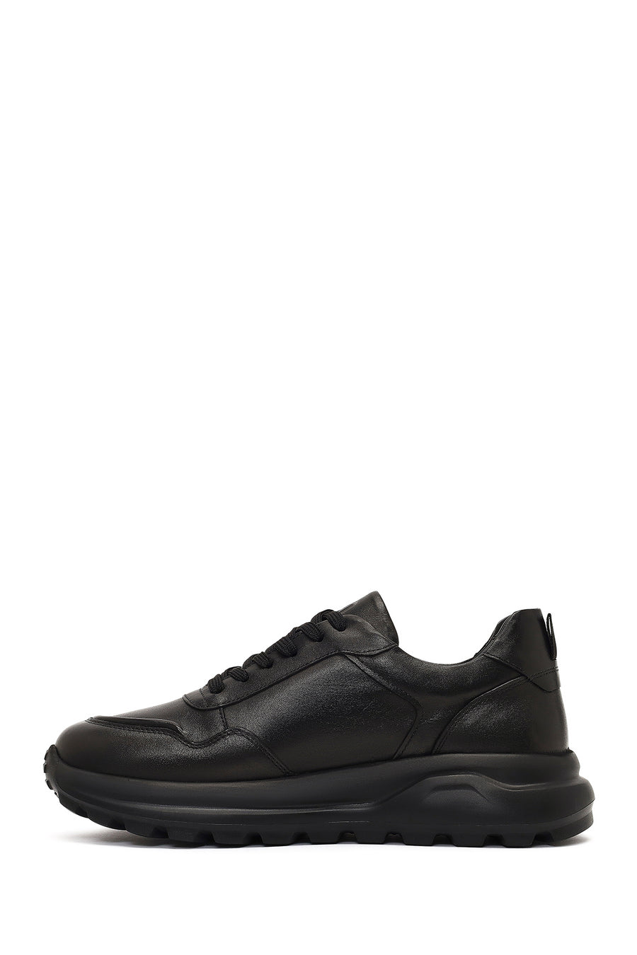 Erkek Siyah Bağcıklı Kalın Tabanlı Deri Sneaker