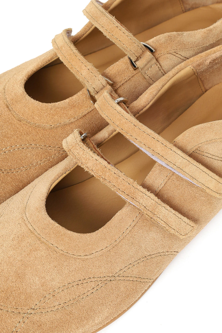 Woman Beige Double-Strap Suede Leather Ballerine Shoes