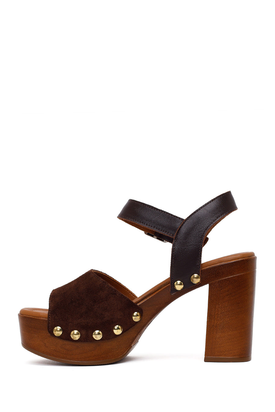 Woman Brown Ankle Buckle Platform High Chunky Heeled Suede Sandal