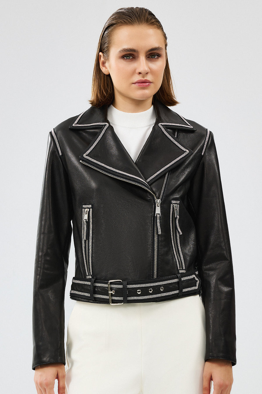 Lady Women's Black Short Leather Jacket