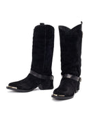 Woman Black Thick-Heeled Suede Leather Cowboy Boots | Derimod