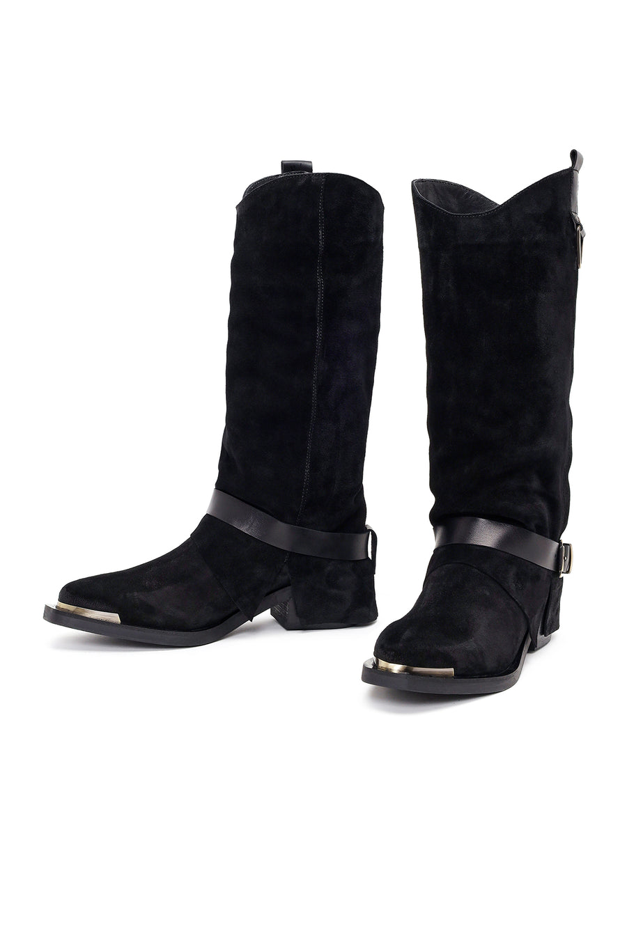 Woman Black Thick-Heeled Suede Leather Cowboy Boots