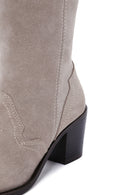 Women's Beige Thick Heeled Suede Leather Cowboy Boots | Derimod