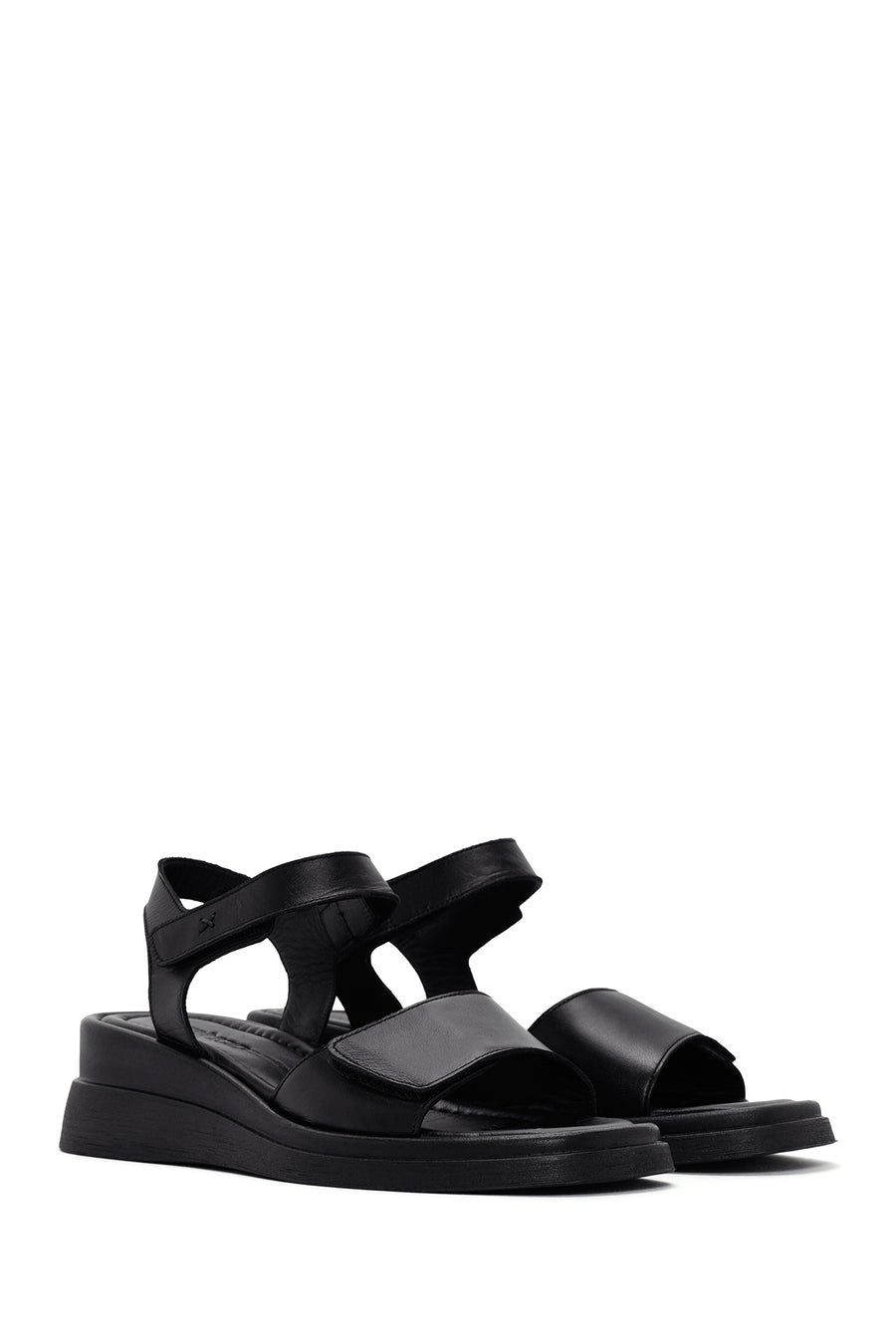 Women's Black Wedge Heeled Leather Sandals