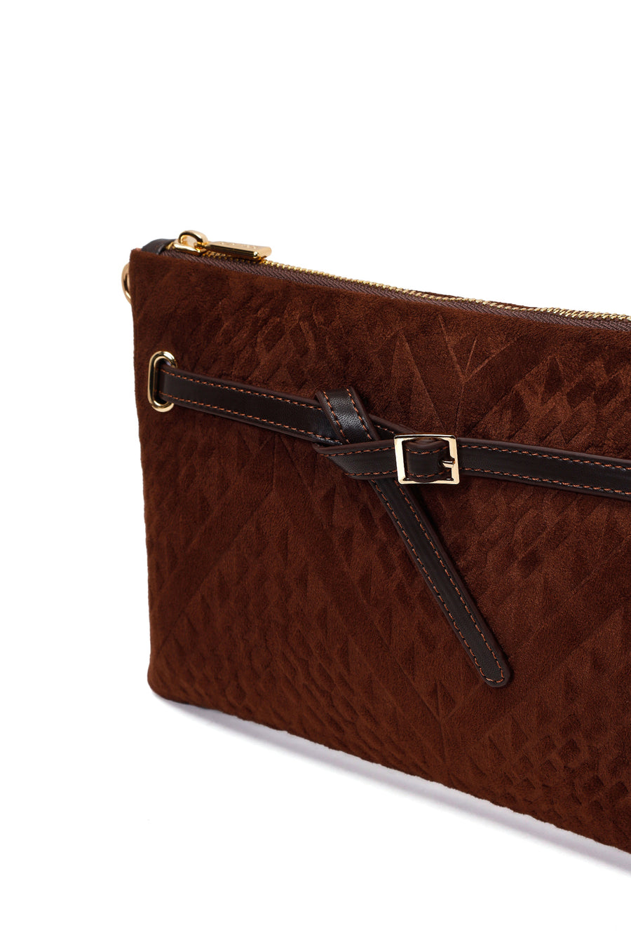 Woman Brown Printed Suede Clutch Bag with Long Chain Strap