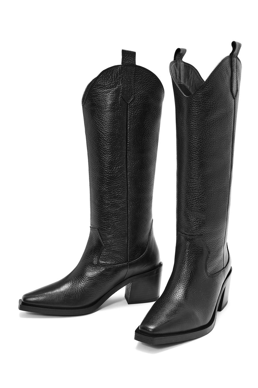 Woman Black Chunky Heels Leather Cowboy Boots