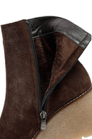 Woman Brown Zippered Wedge Heel Suede Leather Boat | Derimod
