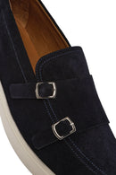 Men's Navy Blue Double Buckle Suede Leather Loafer | Derimod
