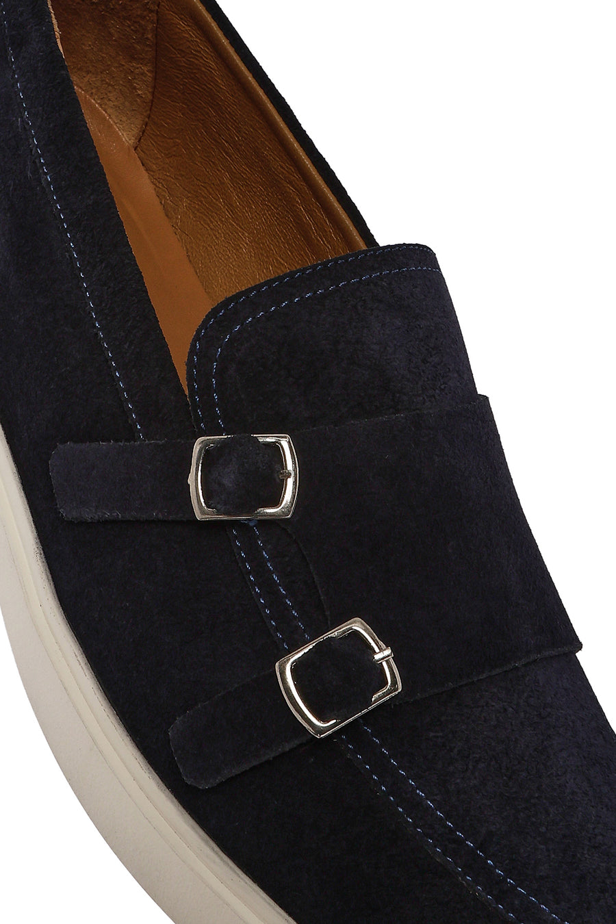 Men's Navy Blue Double Buckle Suede Leather Loafer