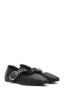 Women's Black Buckle Leather Ballerinas | Derimod