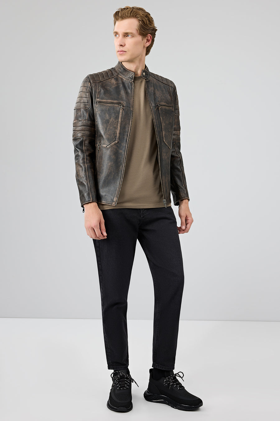 Morant Erkek Kahverengi Vintage Slim-Fit Deri Ceket