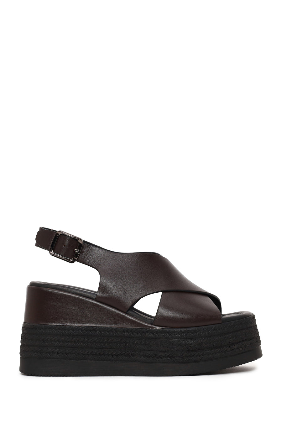 Woman Brown Ankle-Buckle Wedge-Heel Leather Sandal 26SFD152918 | Derimod