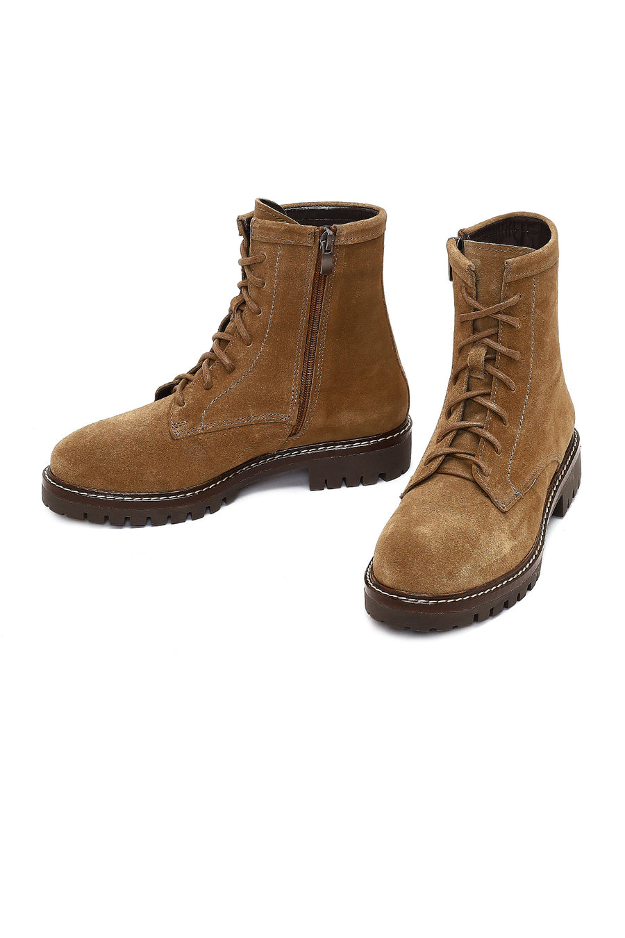 Women's Tan Zippered Thick-Soled Suede Leather Ankle Boots