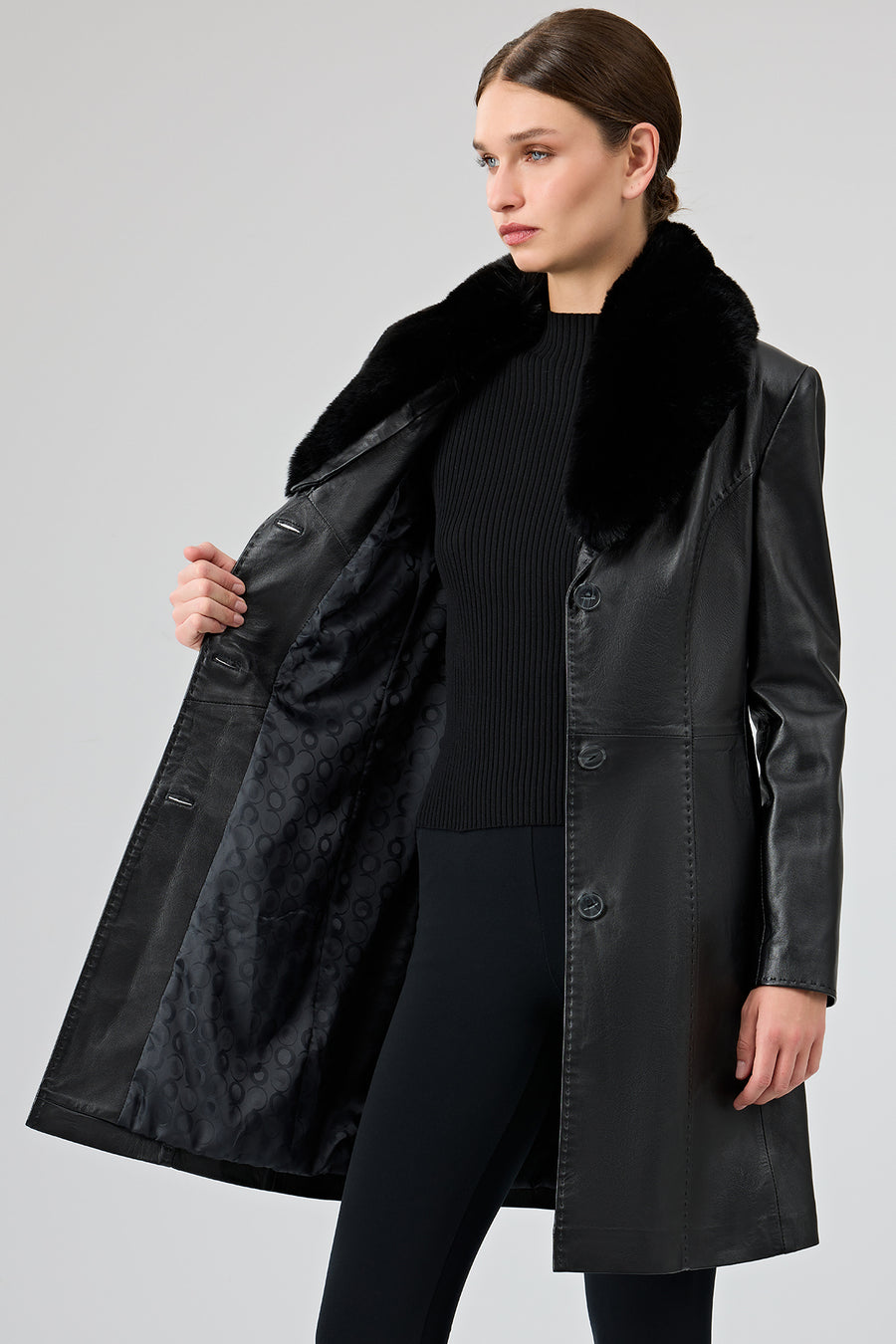Christina Women's Black Fur Long Leather Coat