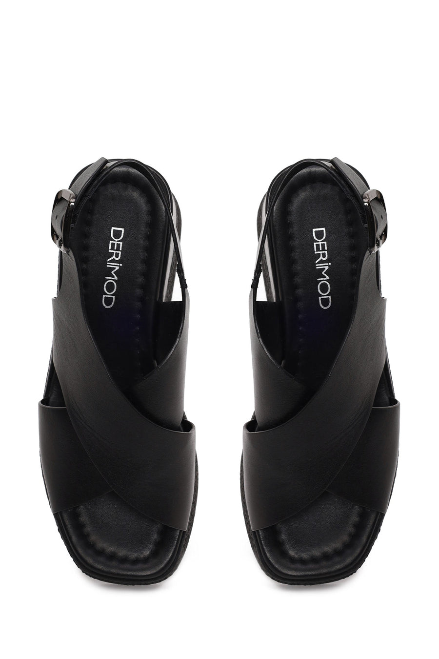 Woman Black Ankle-Buckle Wedge-Heel Leather Sandal