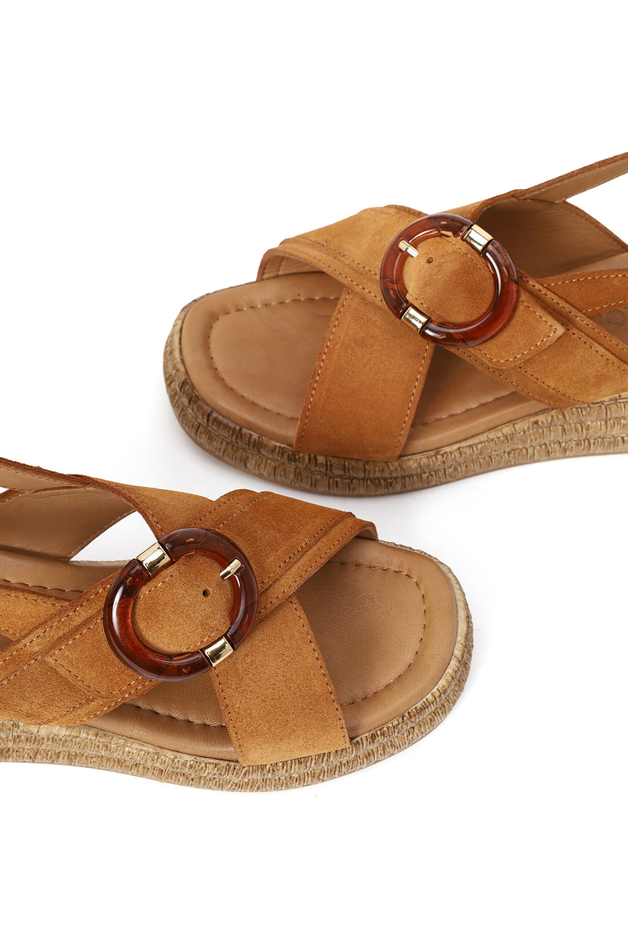 Woman Tan Buckled Wedge-Heel Suede Sandal