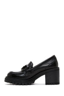 Women's Black Leather Heeled Loafer | Derimod