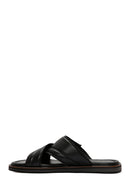 Men's Black Striped Casual Leather Slippers | Derimod