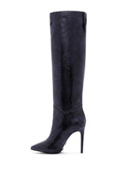 Women's Navy Blue Leather Thin Heeled Boots | Derimod