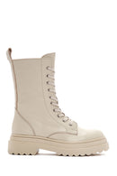 Women's Cream Zippered Leather Combat Boots | Derimod