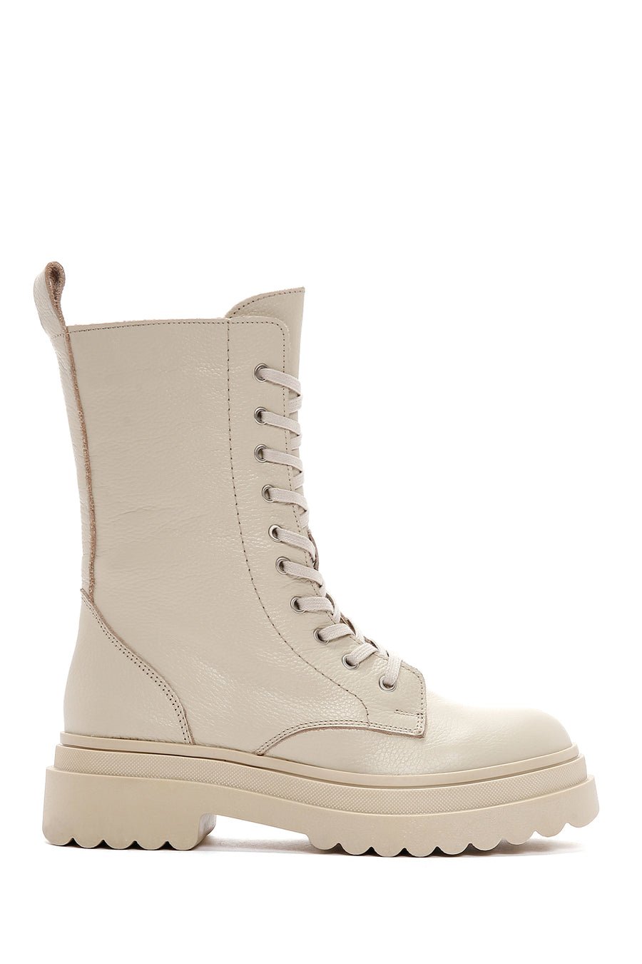Women's Cream Zippered Leather Combat Boots 24WFD182118 | Derimod