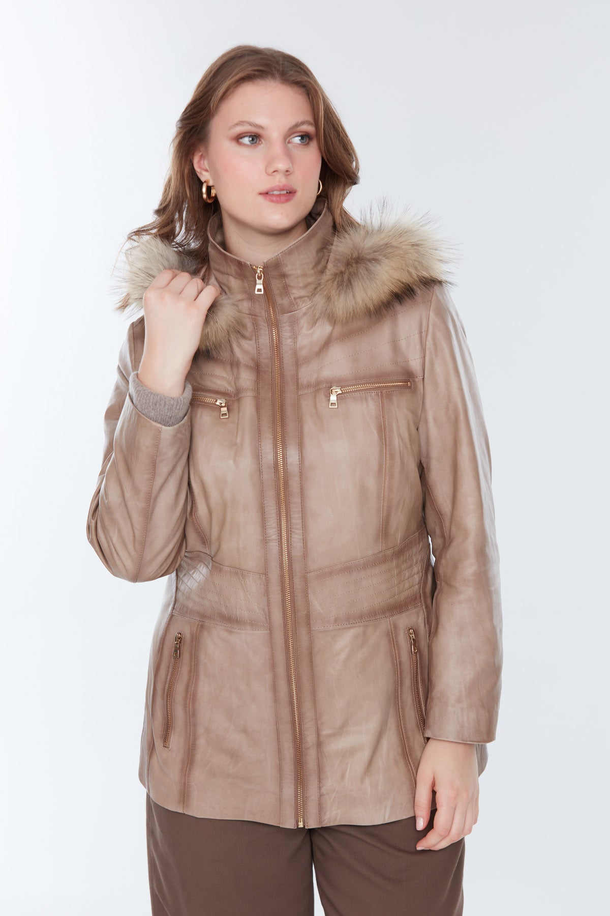 Women's Rachel Brown Plus Size Fur Leather Coat 22WGD5948NC | Derimod