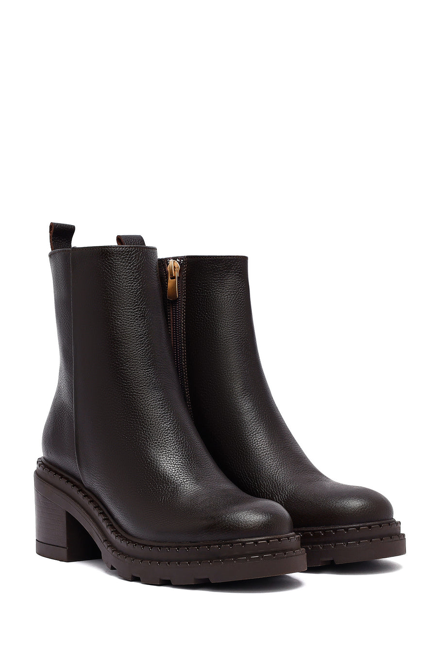 Woman Brown Zip Closure Chunky Heeled Leather Boots