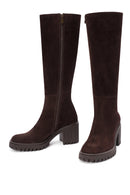 Women's Brown Zippered Chunky Heel Suede Leather Boots | Derimod