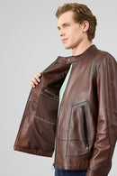 King Men's Brown Stand Collar Leather Jacket | Derimod