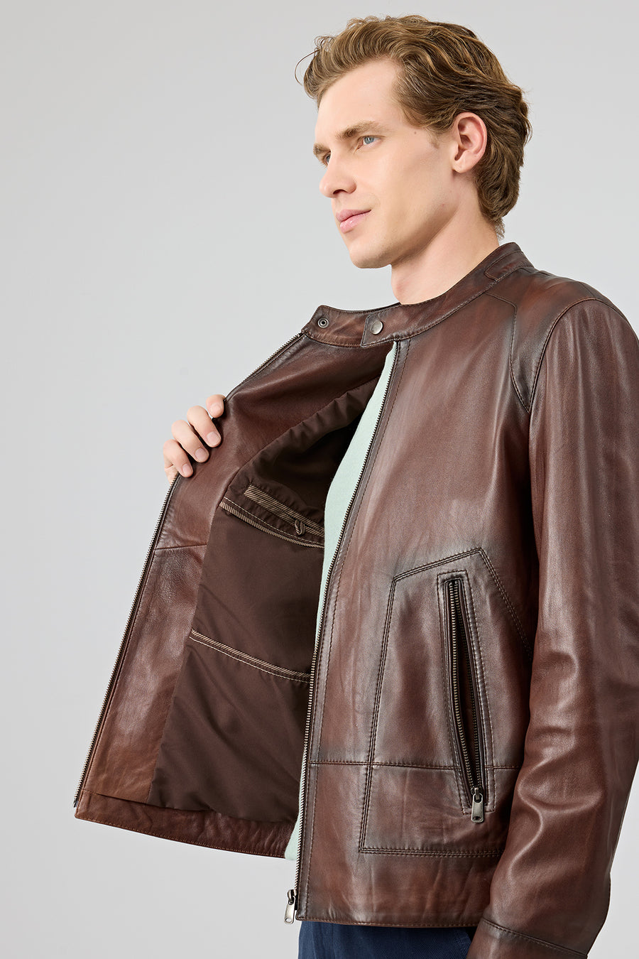 King Men's Brown Stand Collar Leather Jacket