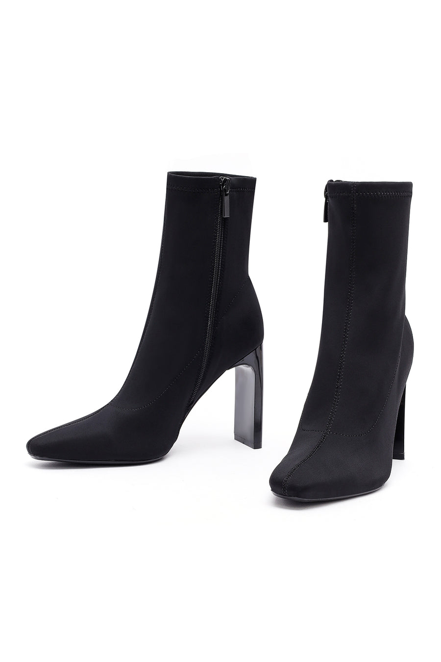 Woman Black Zip Closure High Thick Heeled Fabric Boots