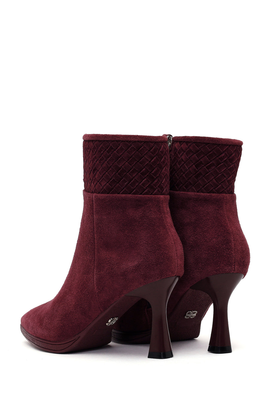 Woman Burgundy Zip Closure Braided Slim-Heeled Suede Boots
