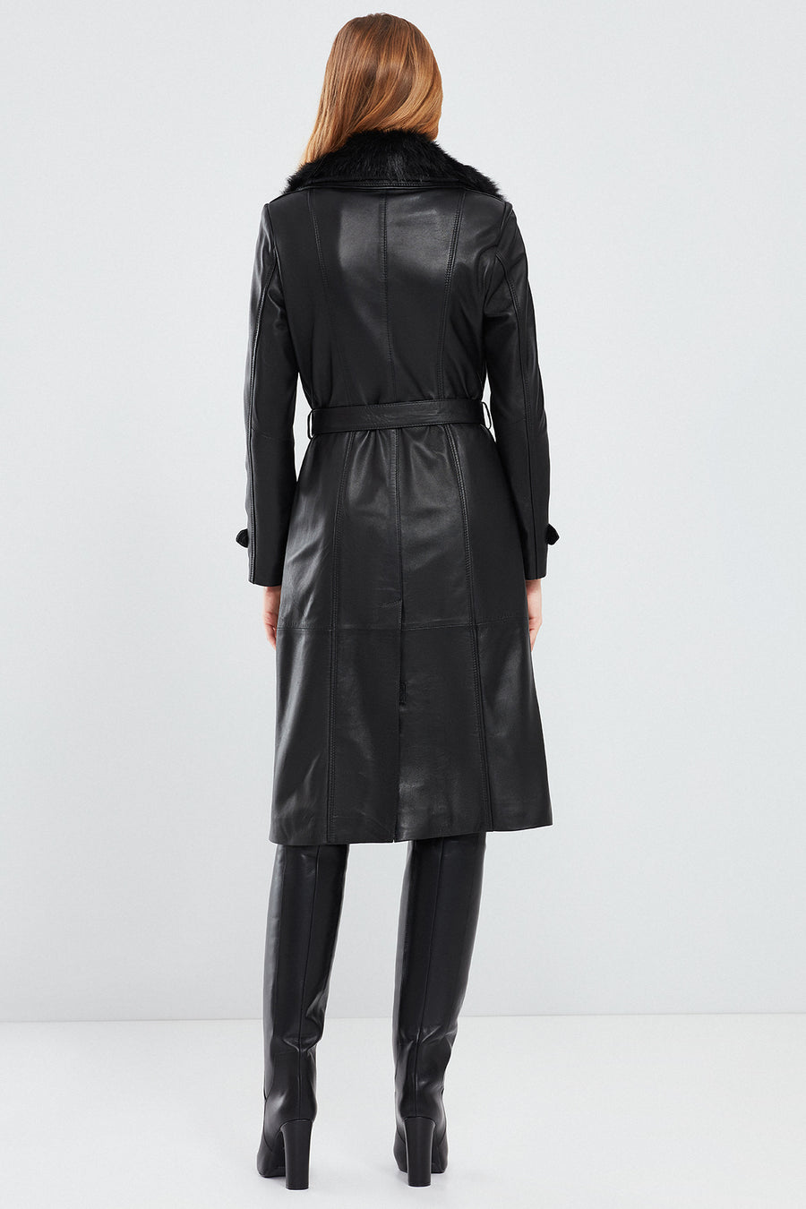 Brenda Women's Black Furry Leather Trench Coat