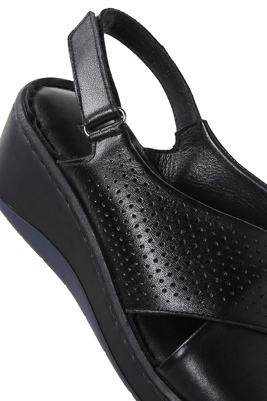 Women's Black Wedge Heeled Leather Comfort Sandals with Ankle Strap