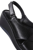 Women's Black Wedge Heeled Leather Comfort Sandals with Ankle Strap | Derimod