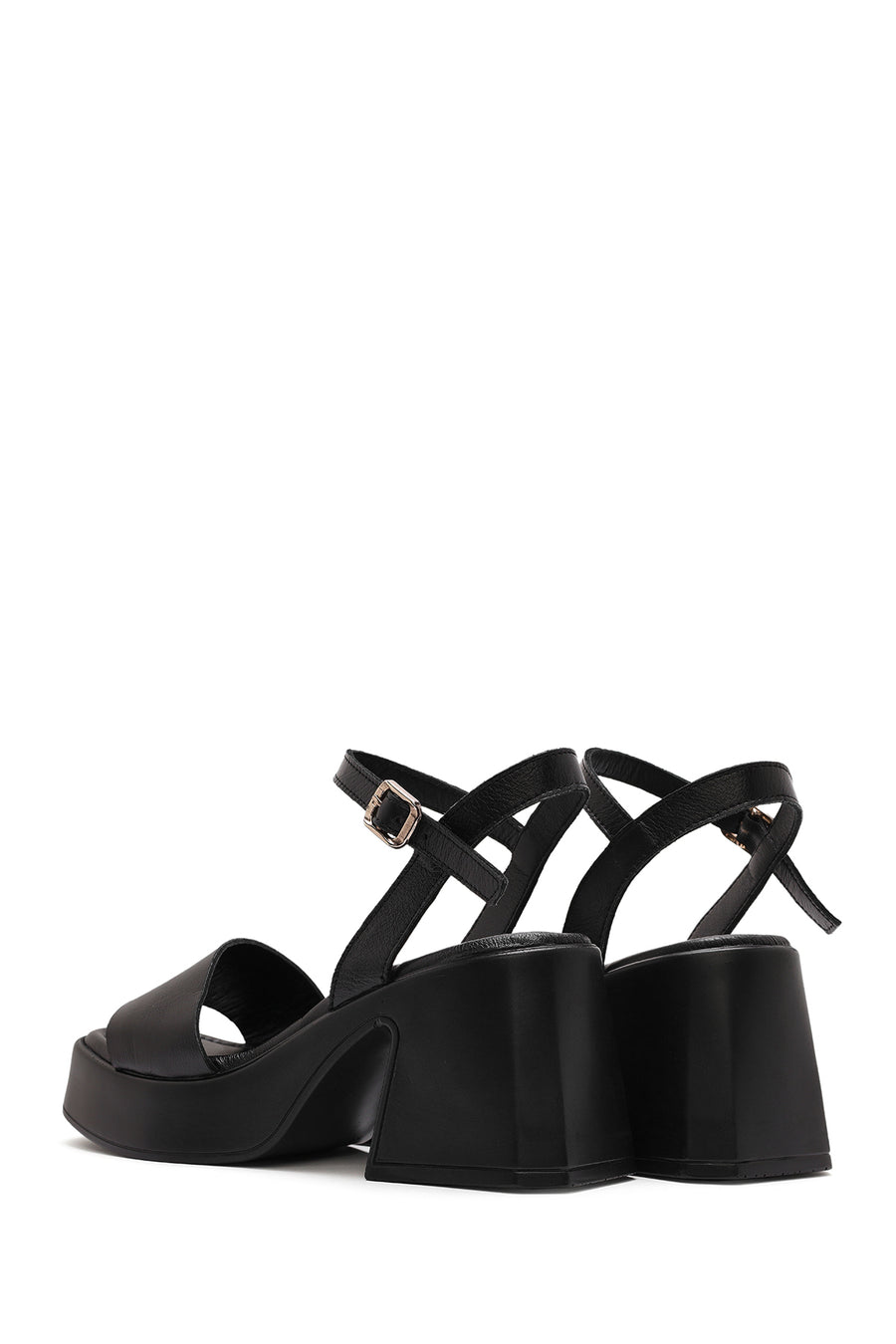 Women's Black Ankle Buckle Thick Heel Platform Leather Sandals