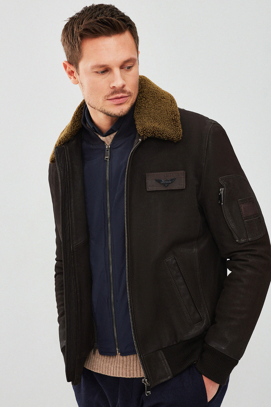 Falcon Men's Brown Embroidered Collar Fur Leather Pilot Jacket