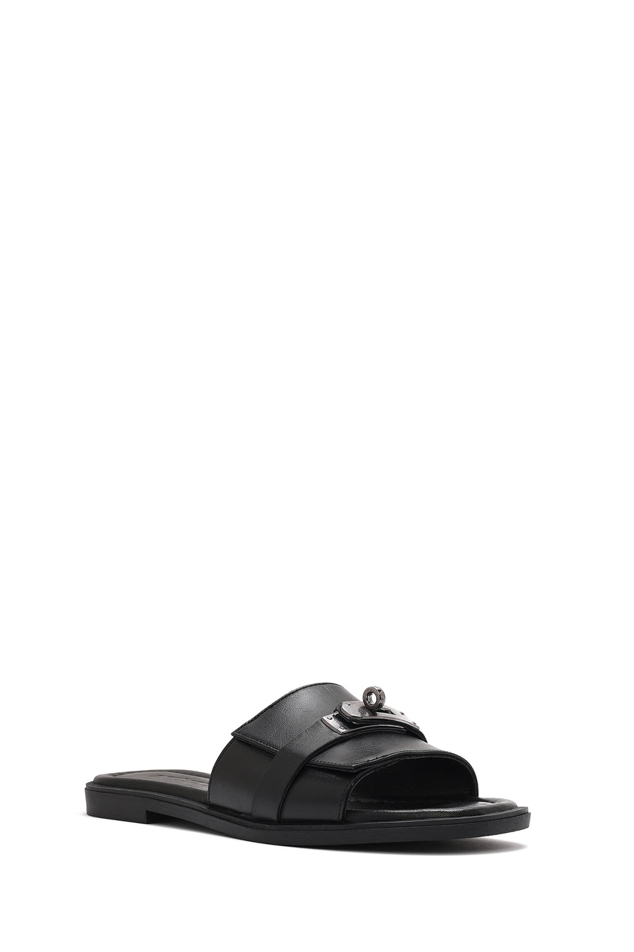 Women's Black Buckle Leather Slippers