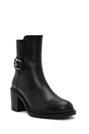 Women's Black Buckle Detailed Zippered Thick Heeled Leather Boots | Derimod