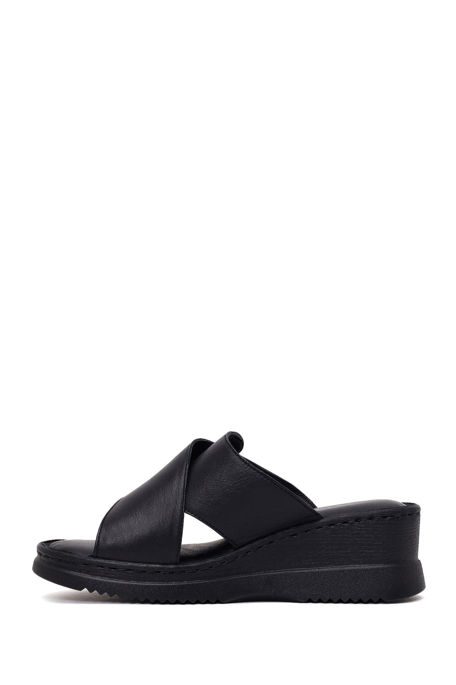 Women's Black Thick Soled Leather Comfort Slippers