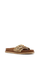 Women's Gold Buckled Straw Leather Slippers | Derimod
