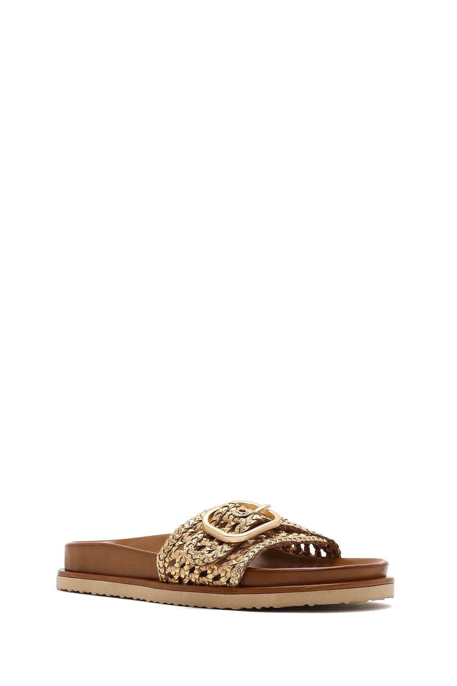 Women's Gold Buckled Straw Leather Slippers