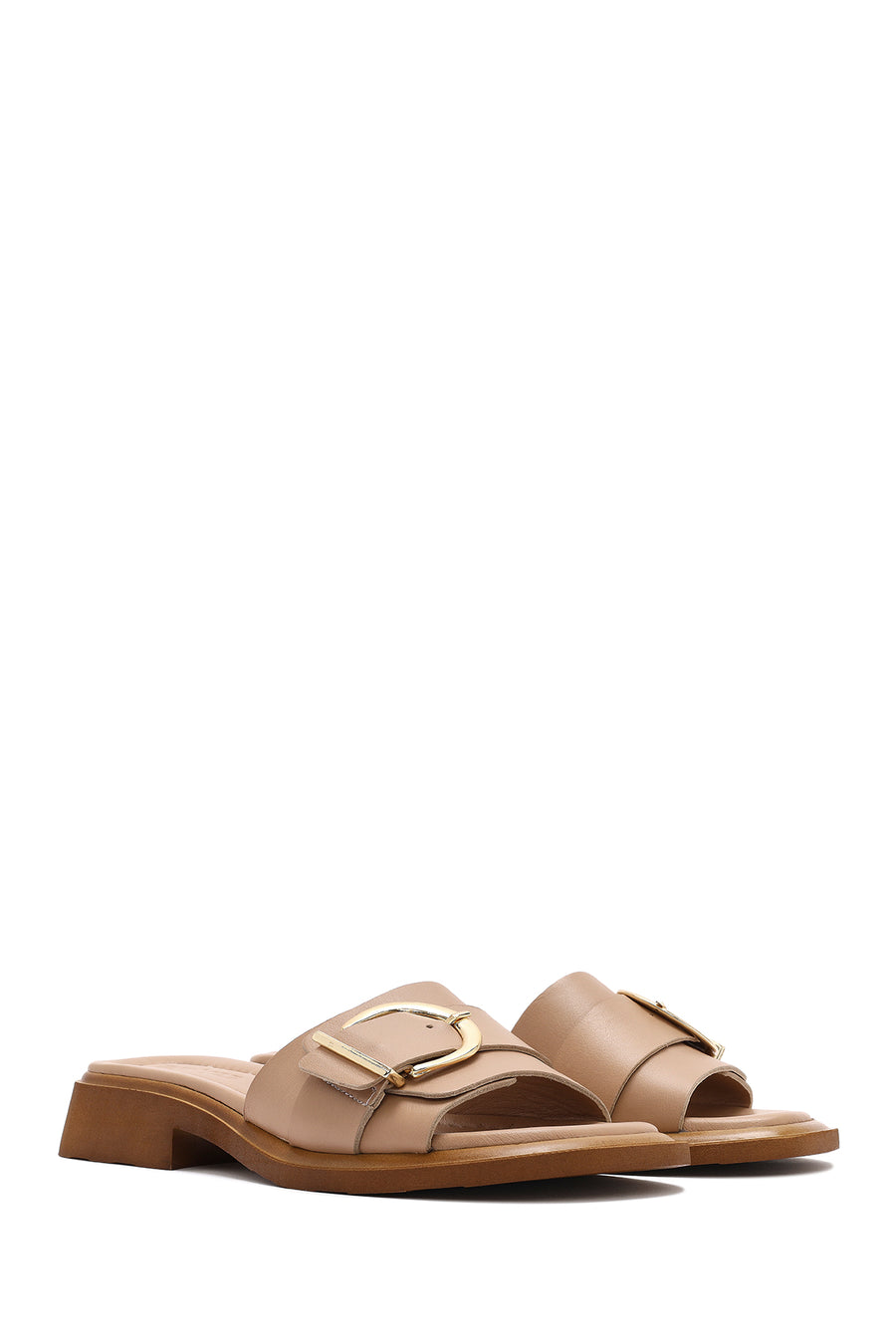 Women's Beige Buckled Leather Slippers