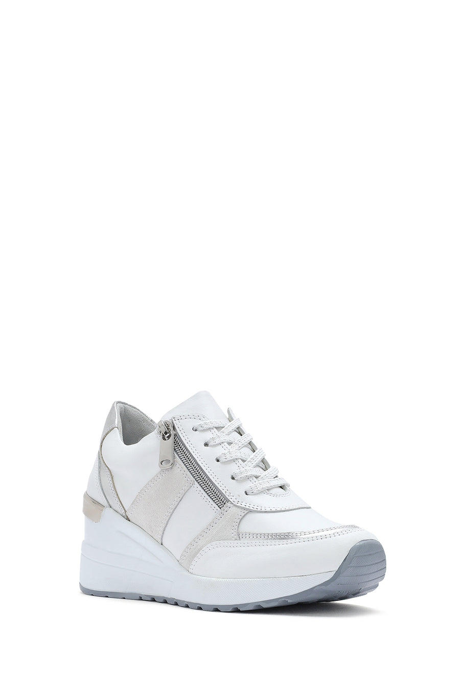 Women's White Wedge Heel Side Zip Leather Sneakers