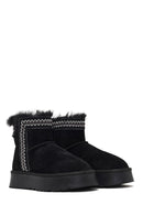 Women's Black Thick-Soled Patterned Suede Leather Teddy Boot | Derimod