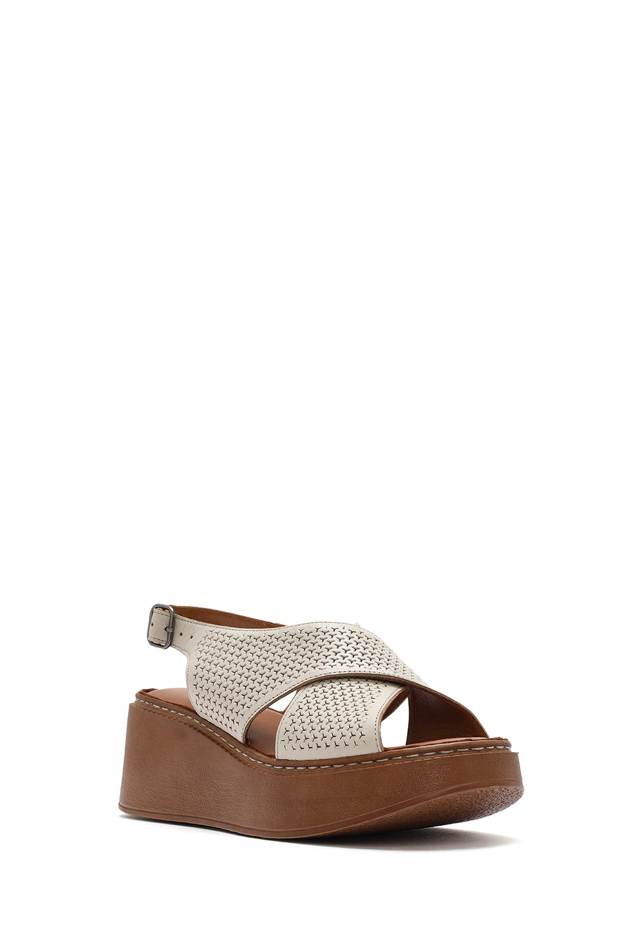 Women's Cream-Colored Ankle Buckle Platform Leather Comfort Sandals