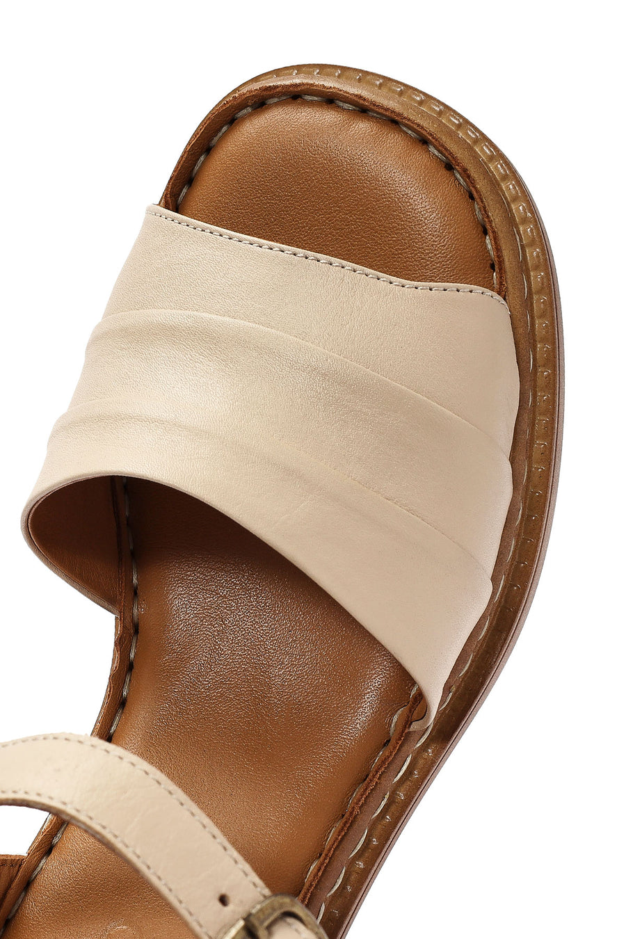Women's Beige Ankle Strap Thick Heel Leather Sandals