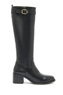 Woman Black Zip Closure Chunky Heeled Leather Boots | Derimod