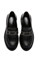 Women's Black Chain Detailed Leather Masculine Loafer | Derimod