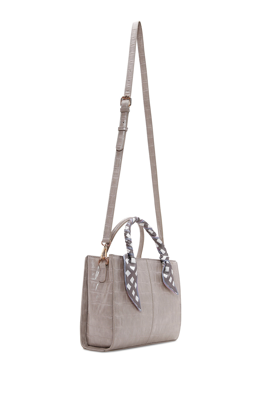 Women's Mink Long Strap Crocodile Patterned Handbag with Accessory Detail
